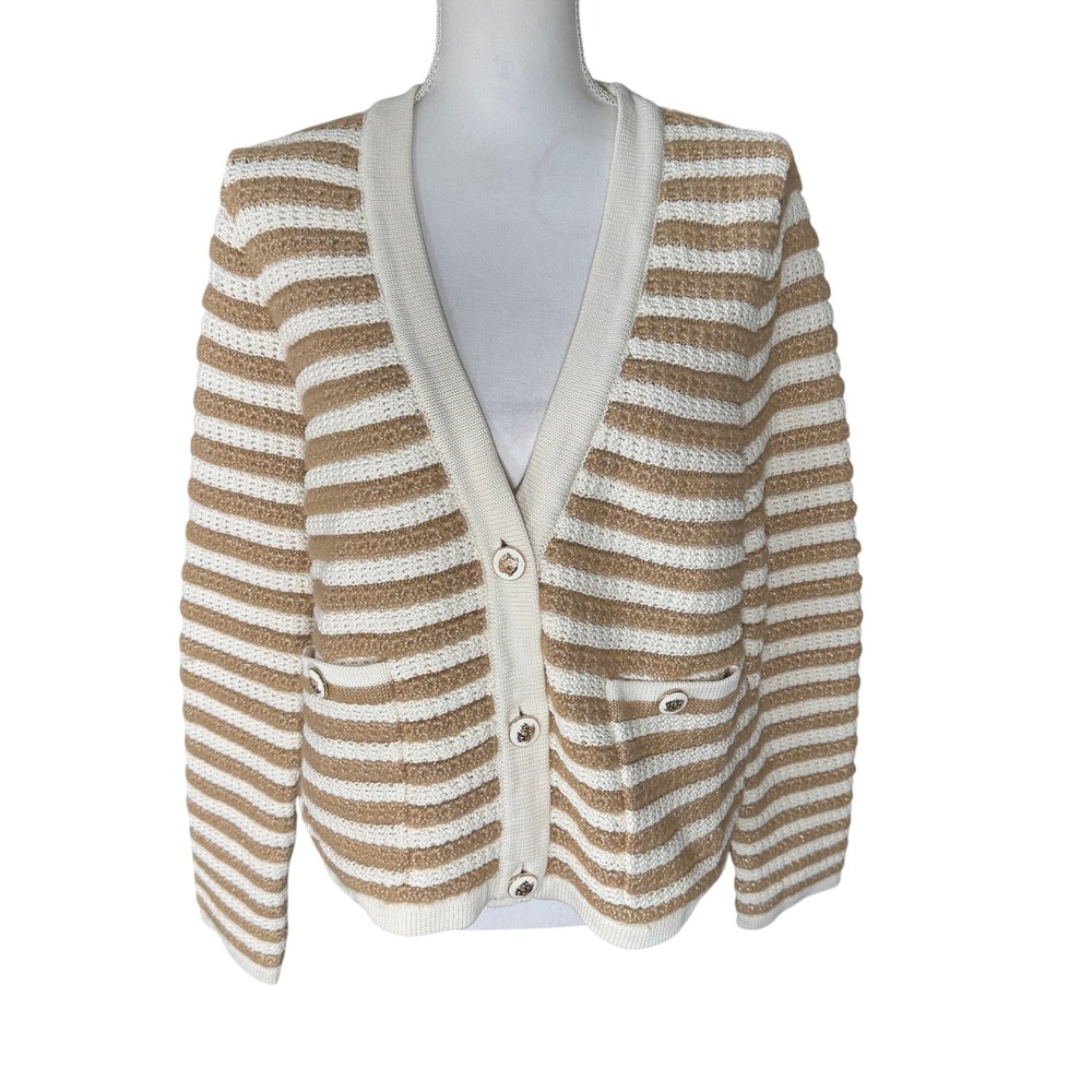 Talbots Kate Metallic Gold Cream Striped Chunky Knit Cardigan Sweater XL NWT